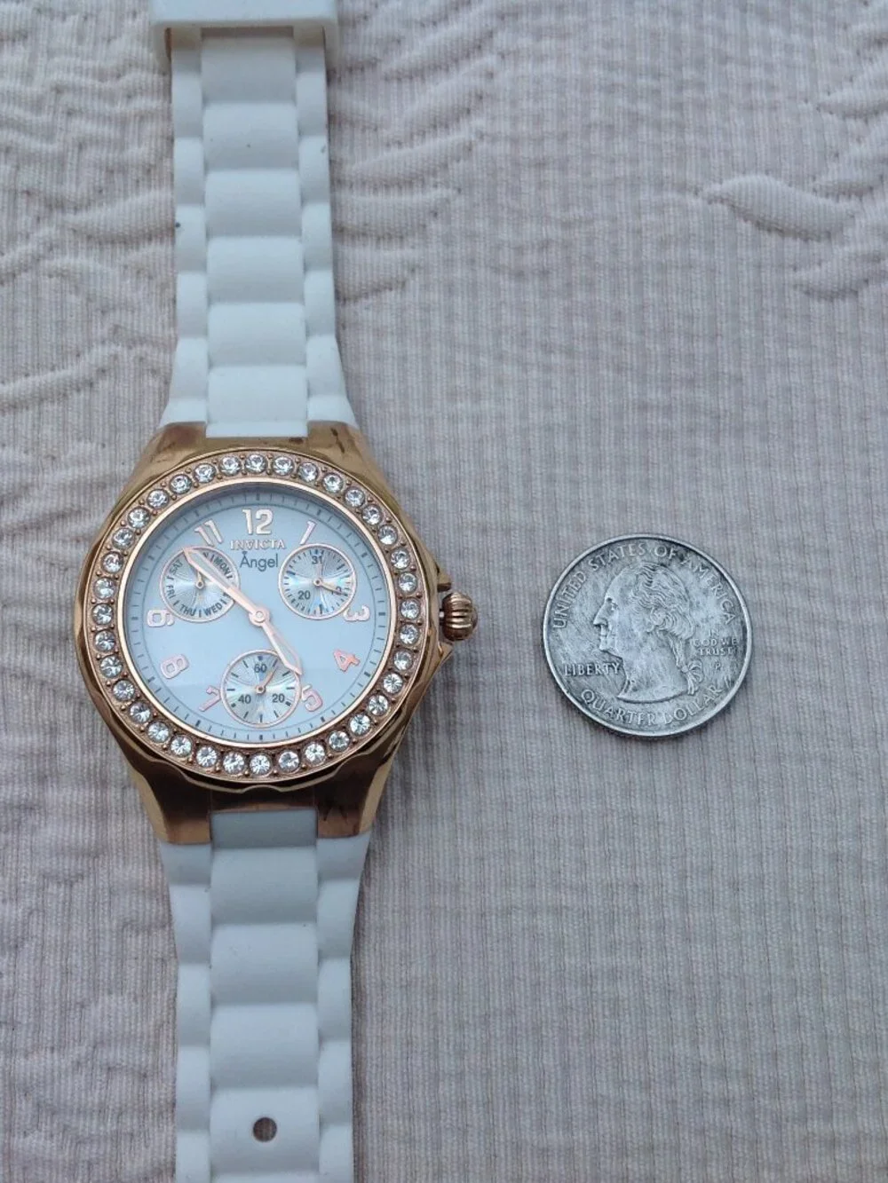 Invicta Angel Ladies Watch Rose Gold, Complications, White Band